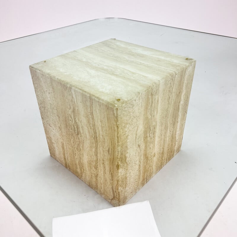 Mesa de centro de cristal de mediados de siglo hecha a mano con base de travertino, años 60