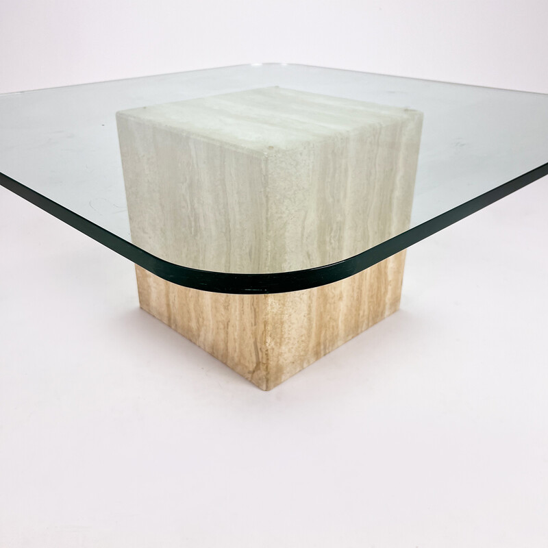 Mid century handmade glass coffee table with travertine base, 1960s