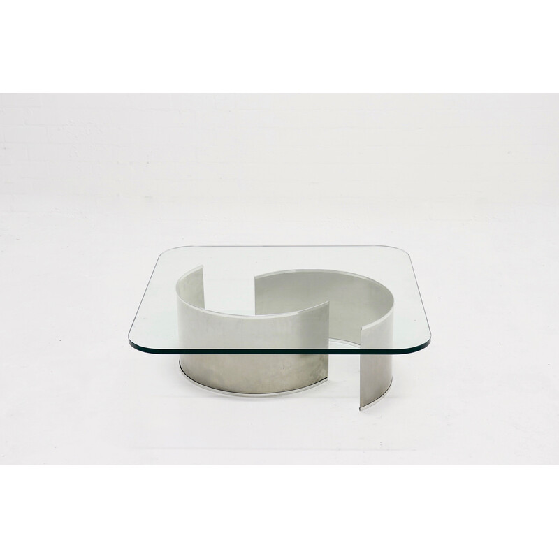 French vintage stainless steel and glass coffee table, 1970s
