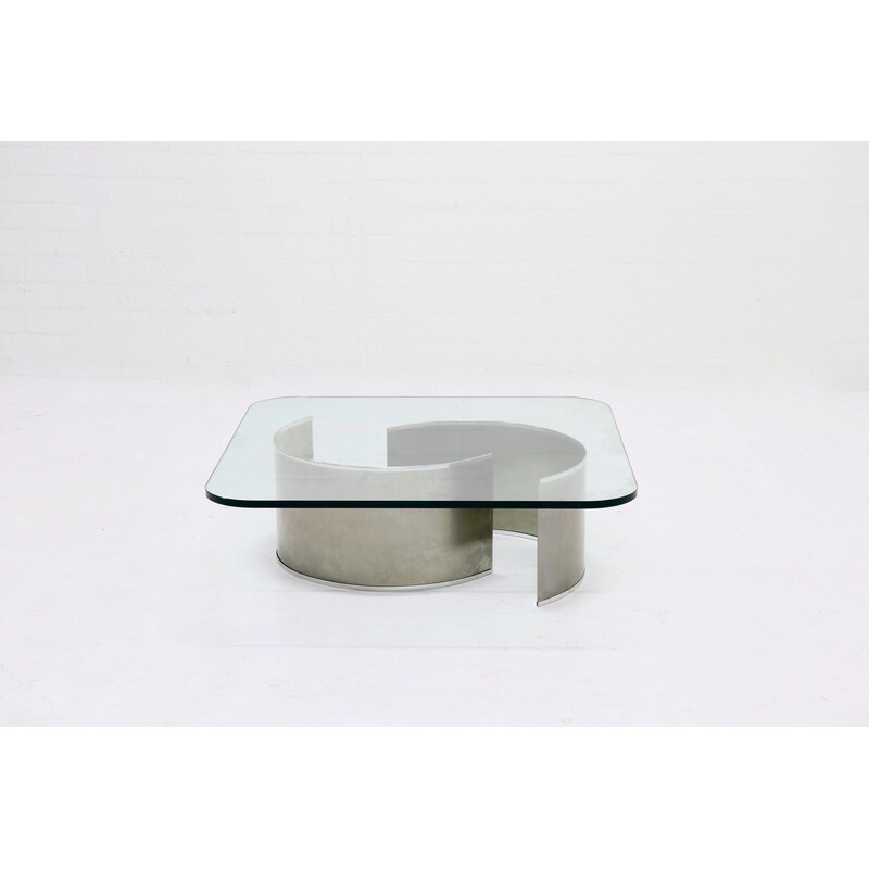 French vintage stainless steel and glass coffee table, 1970s