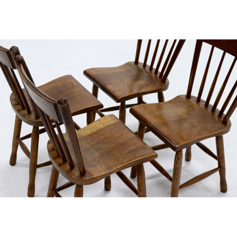Set of 4 vintage Brutalist Dutch solid oakwood dining chairs, 1960s
