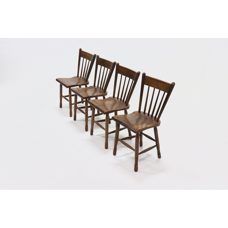 Conjunto de 4 cadeiras de jantar brutalistas holandesas de madeira maciça de carvalho, anos 60