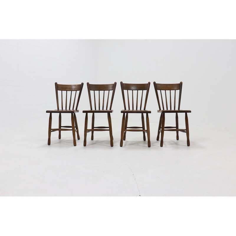 Set van 4 vintage Brutalistische Nederlandse massief eikenhouten eetkamerstoelen, jaren 1960