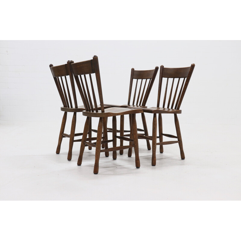 Set of 4 vintage Brutalist Dutch solid oakwood dining chairs, 1960s