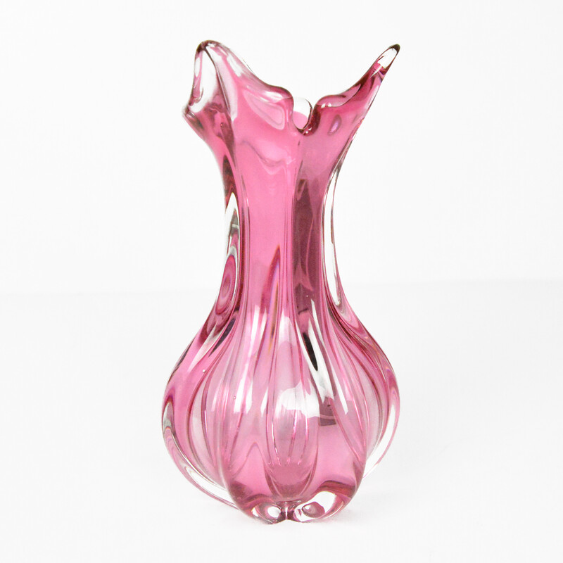 Vintage organic pink vase de J. Hospodka Chribska Sklarna, Checoslováquia, anos 60