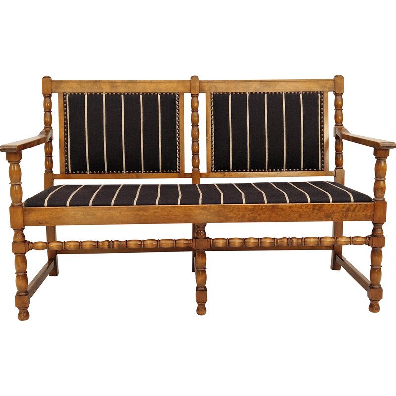 Panca-divano scandinava vintage in legno di frassino e lana, anni '50
