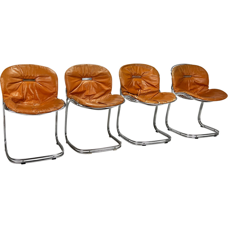 Vintage cognac leather Pascale chairs by Gastone Rinaldi for Thema, 1970s