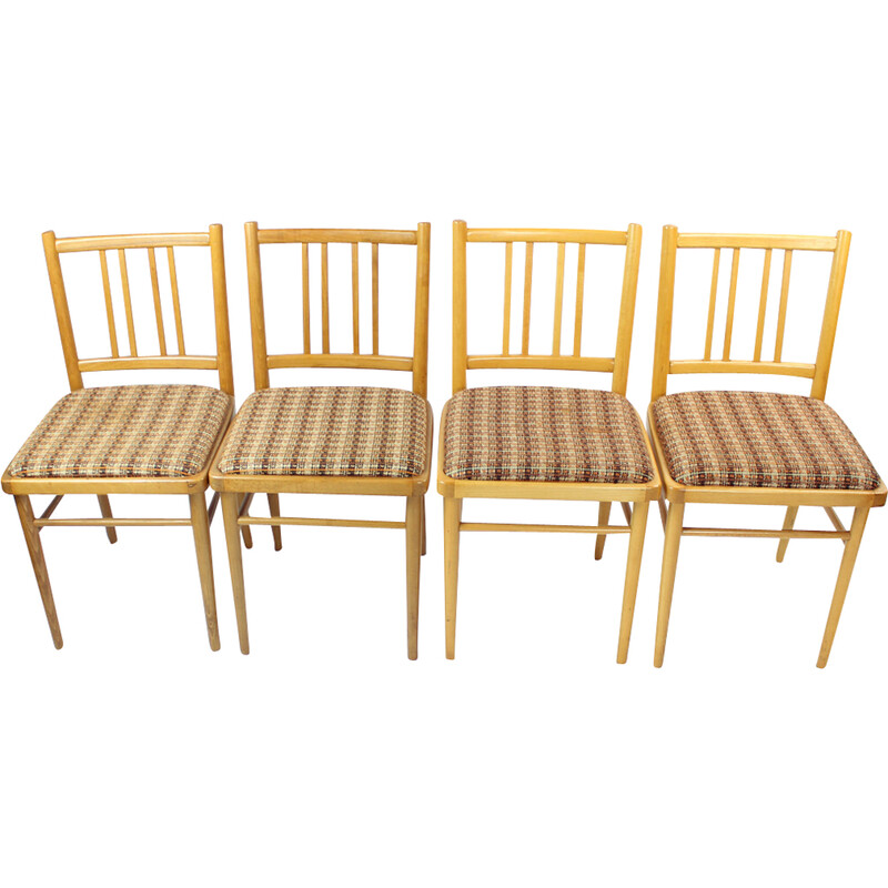 Set of 4 mid century dining chairs in oakwood and fabric by Ton, Czechoslovakia 1960s