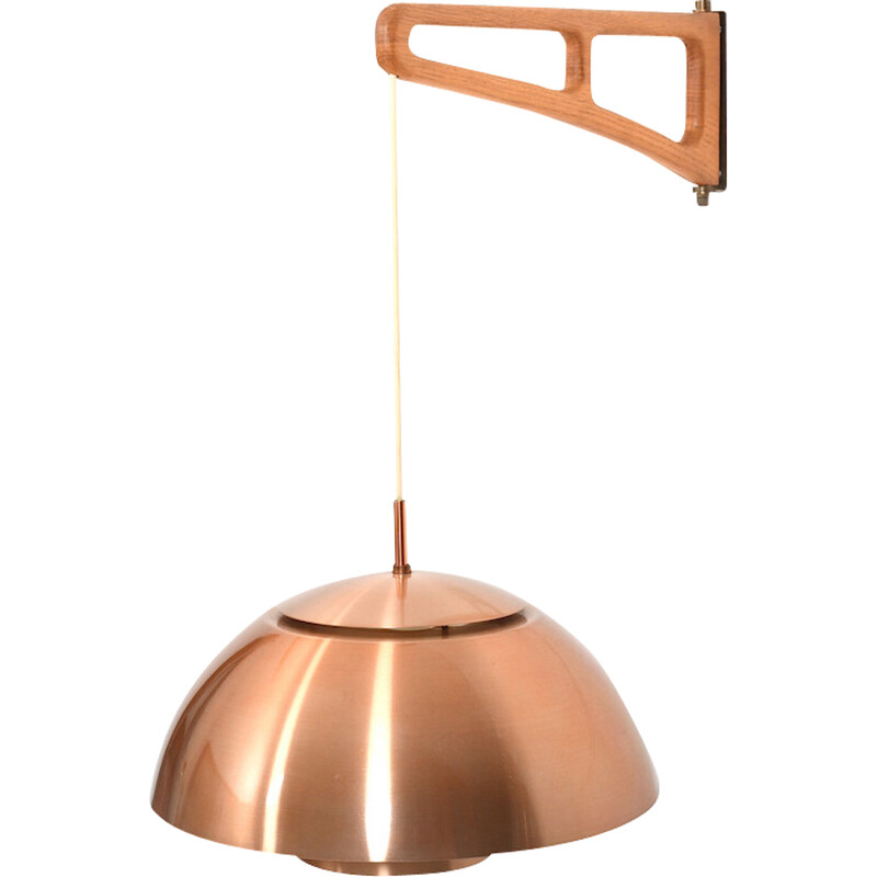Danish vintage oakwood and copper wall lamp, 1960s