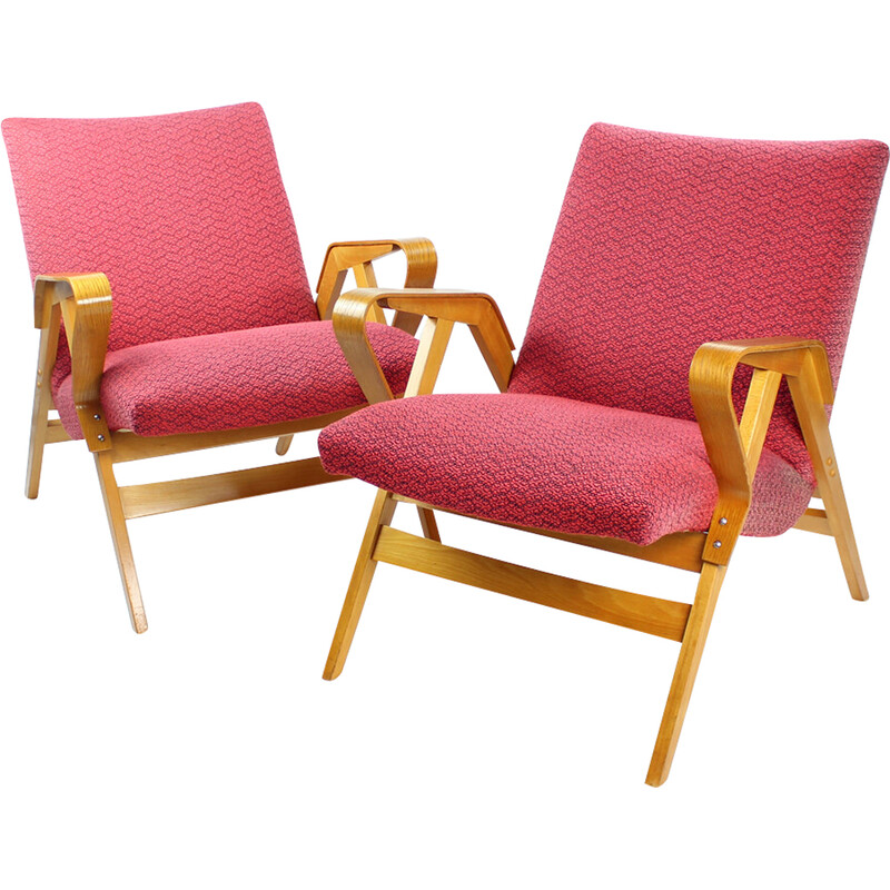 Mid century armchair in pink fabric and oakwood by Tatra, Czechoslovakia 1960s