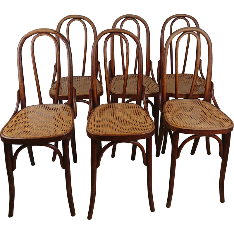 Lot de 6 chaises bistrot vintage en bois courbé et cannage, 1900