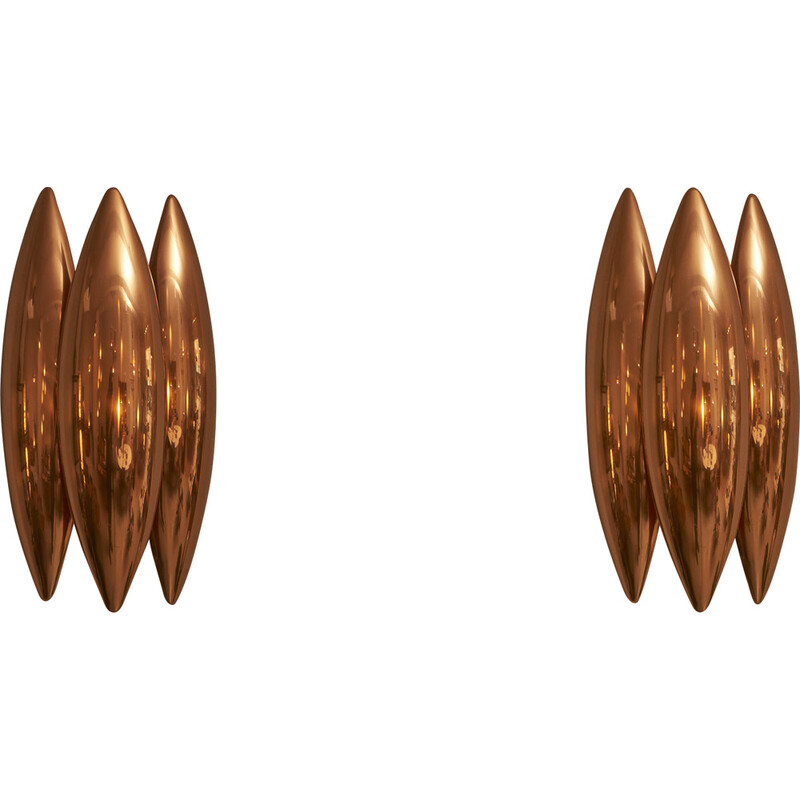 Pair of vintage Kastor wall lamps in copper by Jo Hammerborg for Fog and Mørup, Denmark 1960s