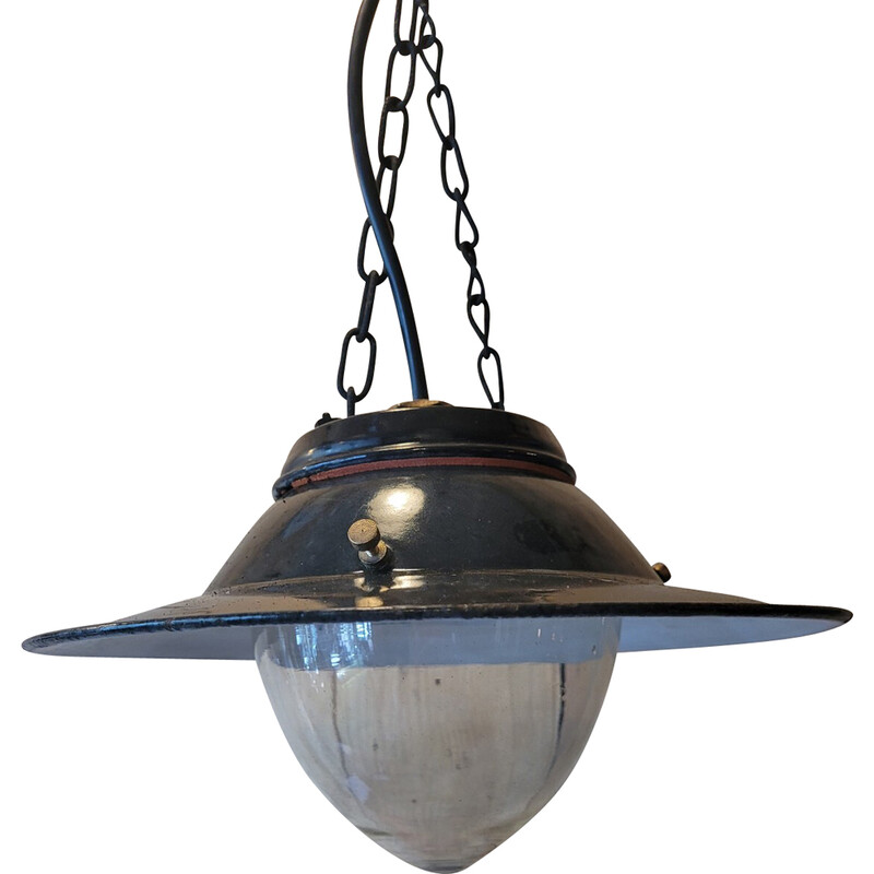 Lámpara de suspensión industrial vintage de chapa esmaltada y globo de cristal