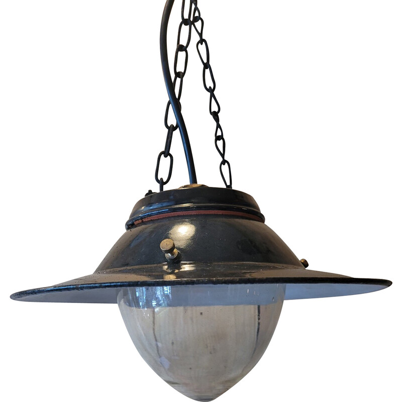 Vintage industrial pendant lamp in enamelled sheet metal and glass globe