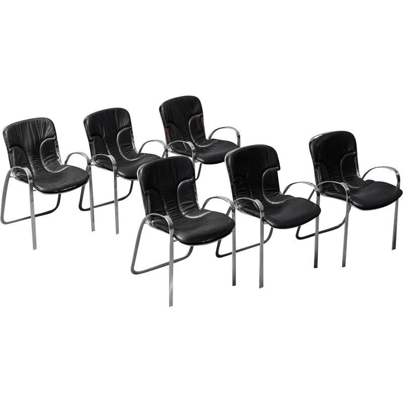 Set of 6 vintage black leather chairs, 1970