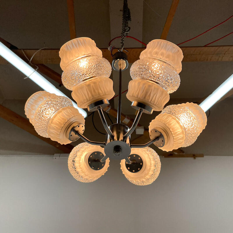 Mid-century glass and chrome chandelier, 1970s