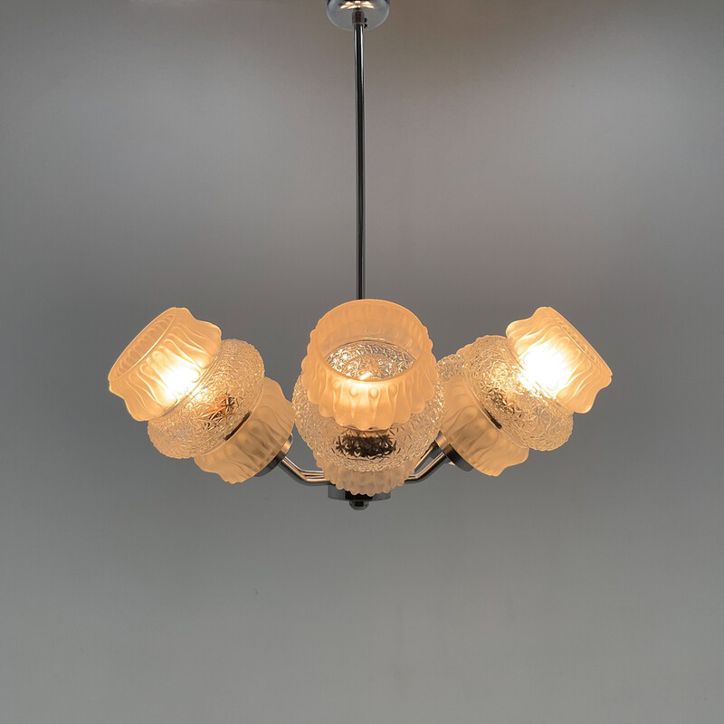 Mid-century glass and chrome chandelier, 1970s