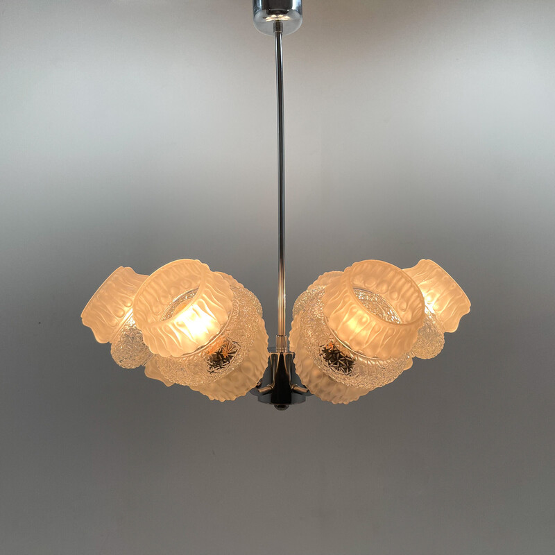 Mid-century glass and chrome chandelier, 1970s