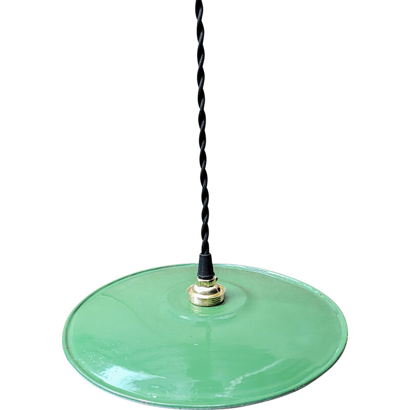Set of 4 vintage industrial green and white enamelled sheet metal pendant lamps, 1930