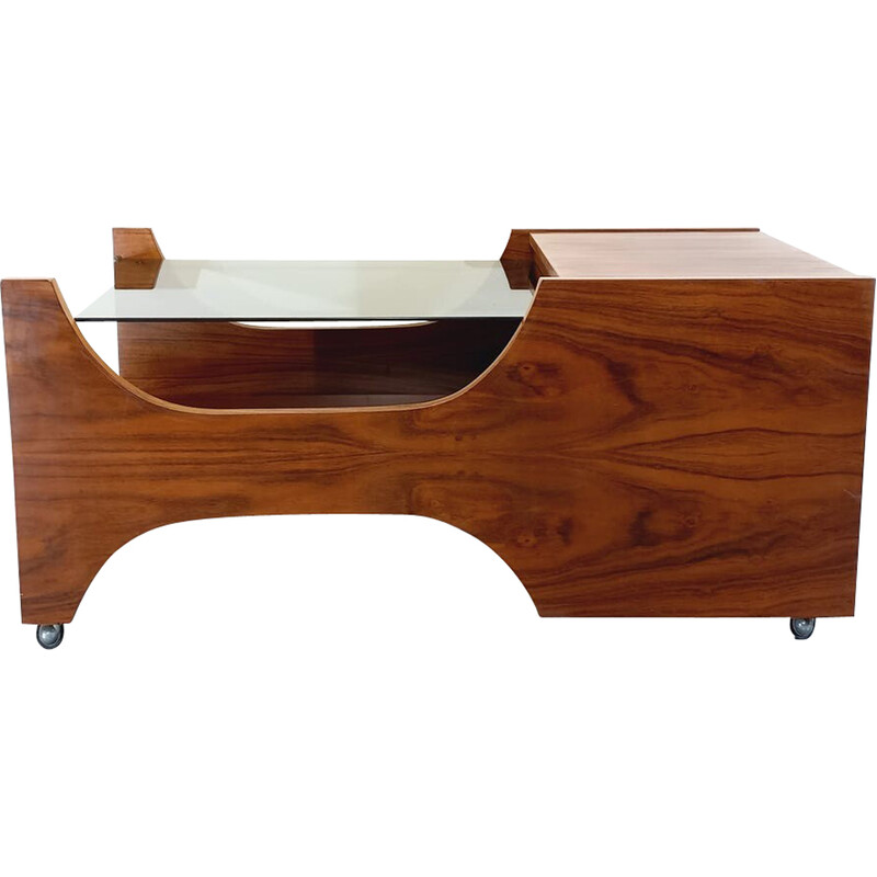 Vintage rosewood and smoked glass coffee table on casters, 1960