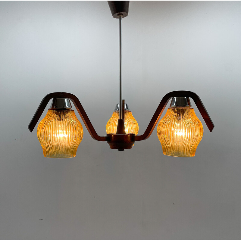 Mid-century wood and glass chandelier by Dřevo Humpolec, Czechoslovakia 1960s