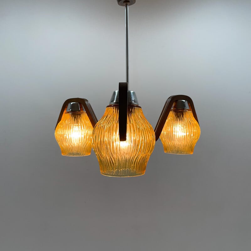 Mid-century wood and glass chandelier by Dřevo Humpolec, Czechoslovakia 1960s