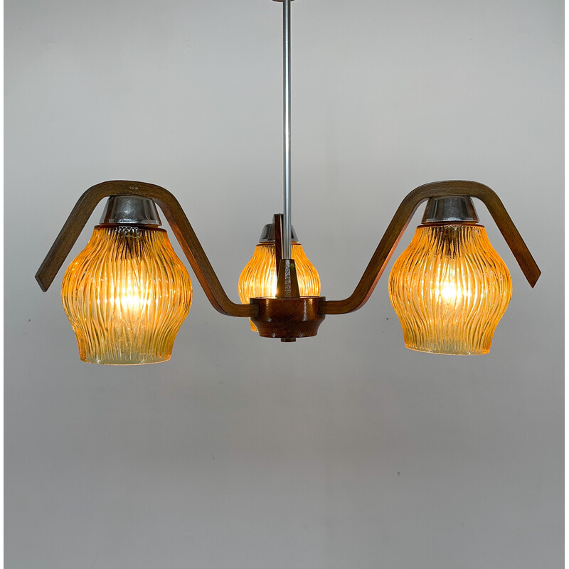 Mid-century wood and glass chandelier by Dřevo Humpolec, Czechoslovakia 1960s