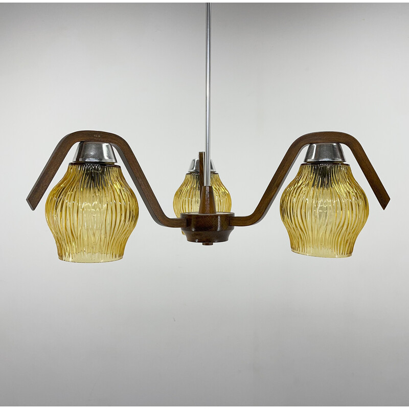 Mid-century wood and glass chandelier by Dřevo Humpolec, Czechoslovakia 1960s