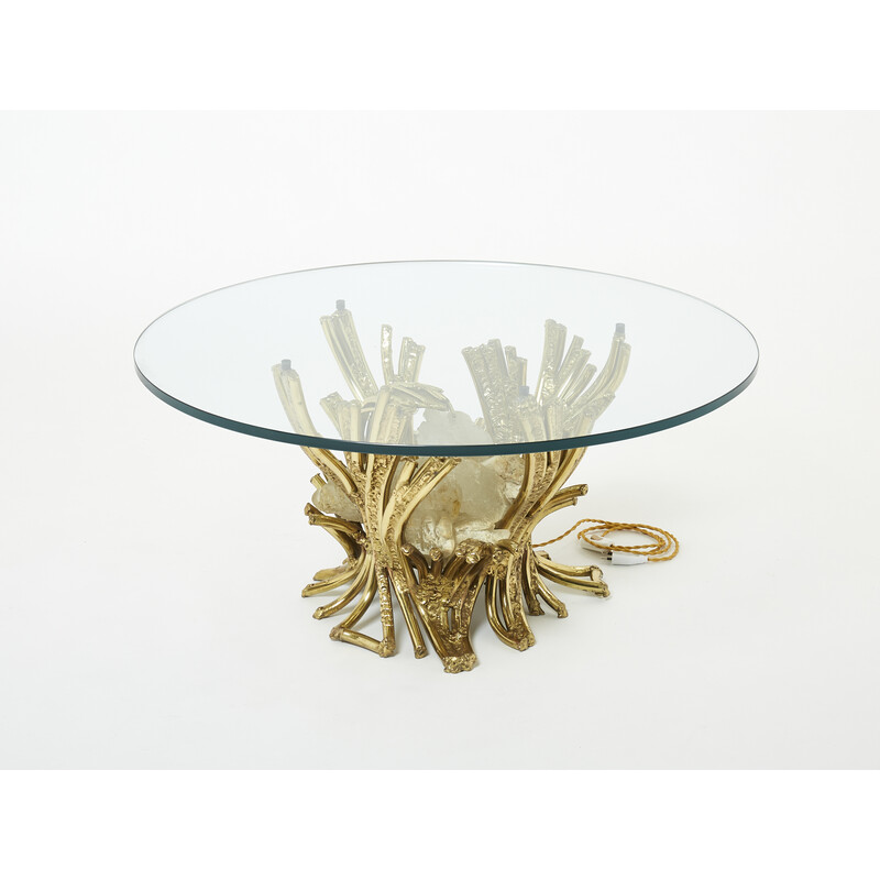 Table basse vintage sculpture en bronze Quartz par Isabelle Faure, 1970