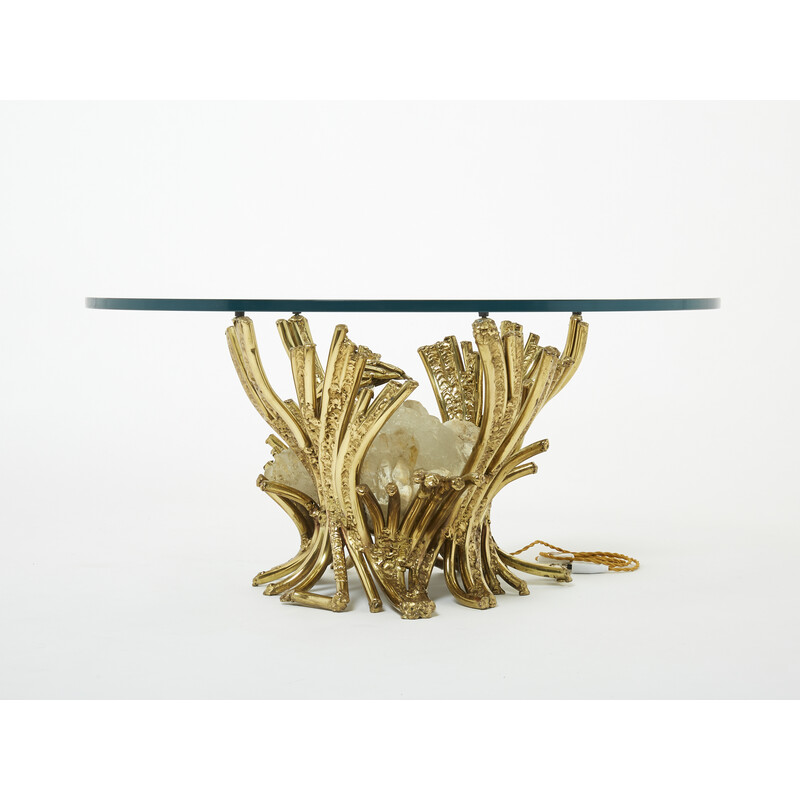 Mesa de café Vintage com escultura em bronze quartzo de Isabelle Faure, 1970