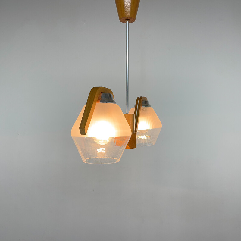 Mid-century wood and glass chandelier by Dřevo Humpolec, Czechoslovakia 1960s