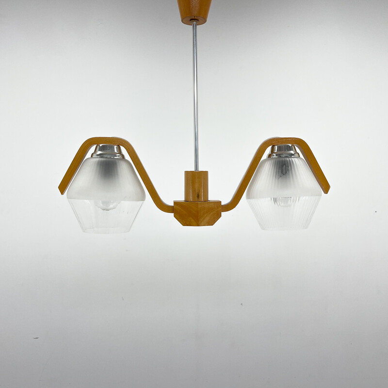 Mid-century wood and glass chandelier by Dřevo Humpolec, Czechoslovakia 1960s