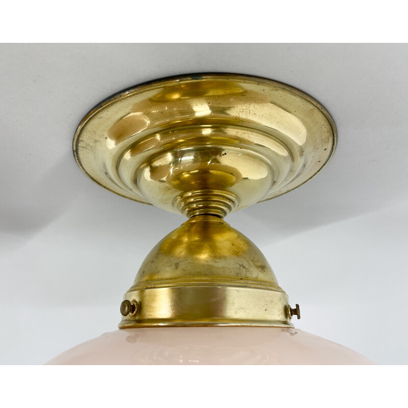 Coppia di lampade da soffitto Art Déco vintage in ottone e vetro colorato, anni '30