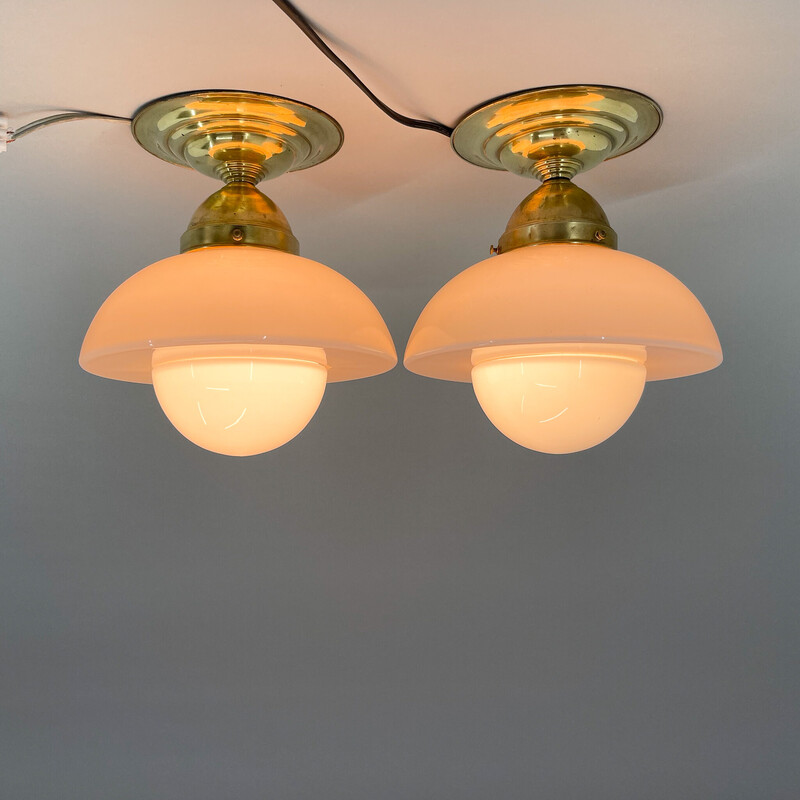 Pair of Art Deco vintage brass and coloured glass ceiling lamps, 1930s