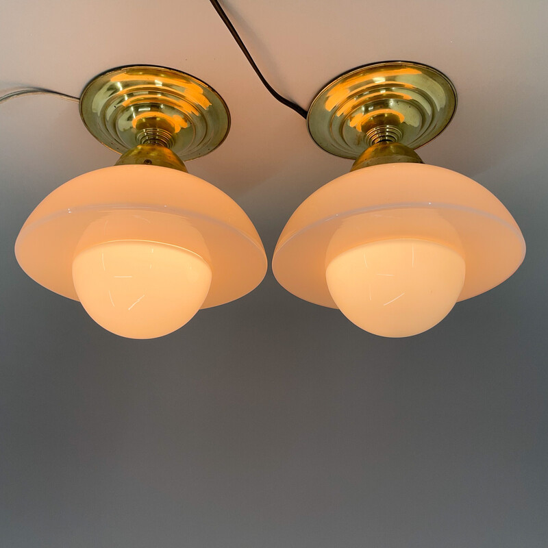 Pair of Art Deco vintage brass and coloured glass ceiling lamps, 1930s