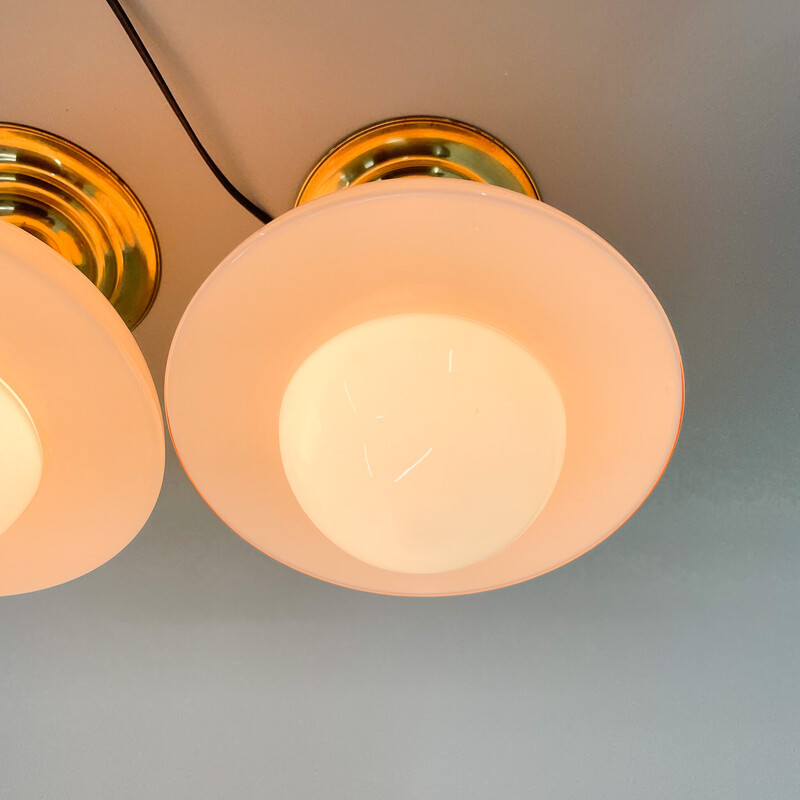 Coppia di lampade da soffitto Art Déco vintage in ottone e vetro colorato, anni '30