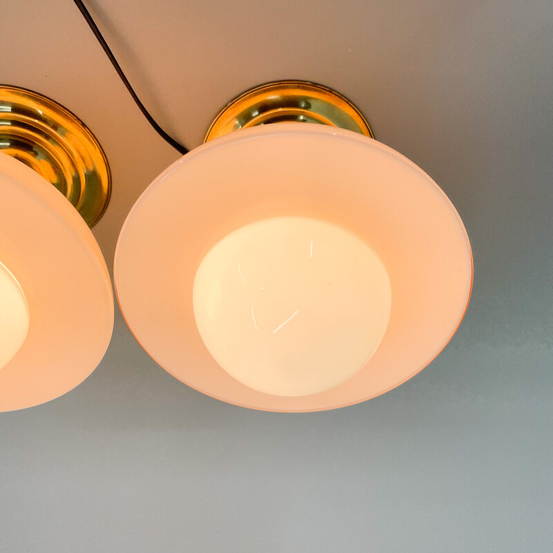 Pair of Art Deco vintage brass and coloured glass ceiling lamps, 1930s