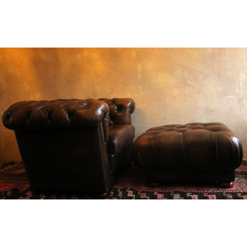 Vintage Chesterfield club armchair and ottoman in chestnut-coloured leather