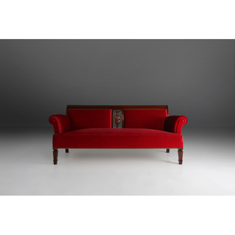 Vintage wood and red fabric sofa, 1950s