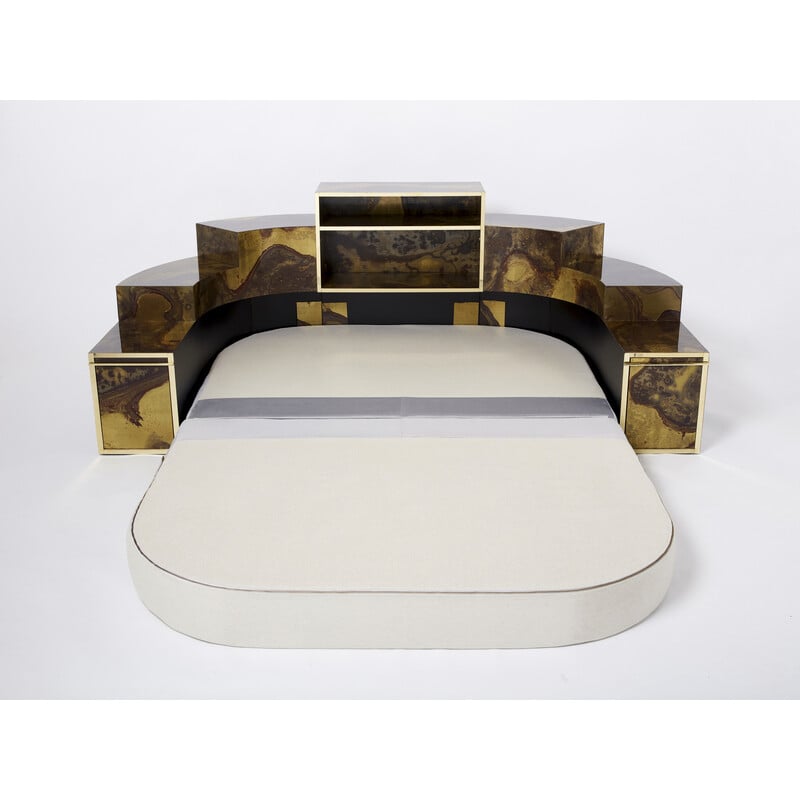 Vintage sofa bed in oxidized brass and velvet by Isabelle and Richard Faure for Maison Honoré, 1970