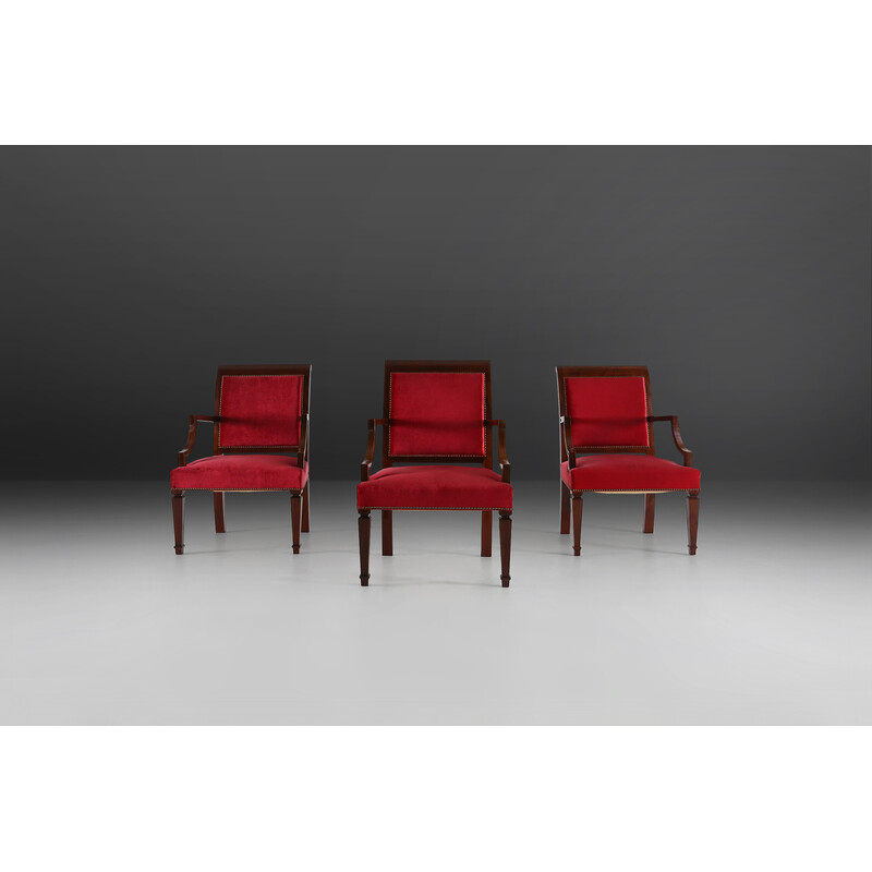 Vintage wood and red fabric armchairs, 1950s