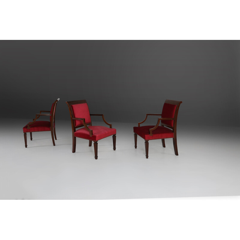 Vintage wood and red fabric armchairs, 1950s