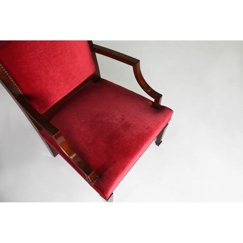 Vintage houten en rode stoffen fauteuils, 1950