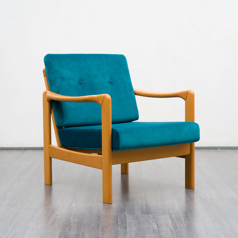 Sillón vintage de madera maciza de haya y tapicería de terciopelo, años 60