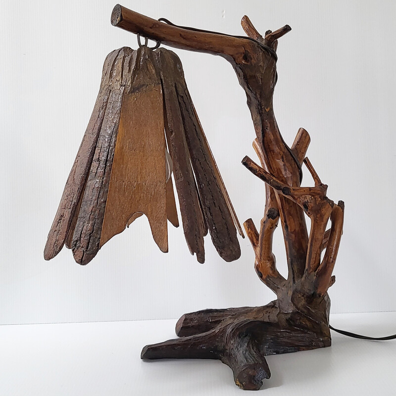 Vintage Brutalist lamp in carved wood, 1970