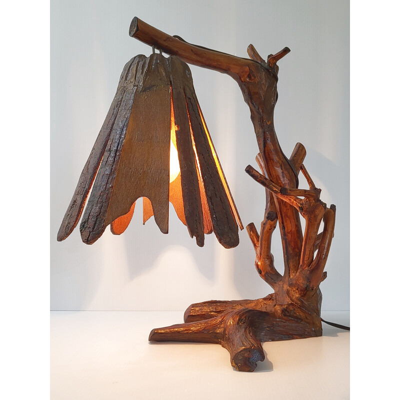 Vintage Brutalist lamp in carved wood, 1970