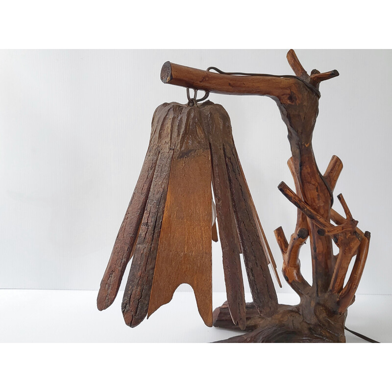 Vintage Brutalist lamp in carved wood, 1970