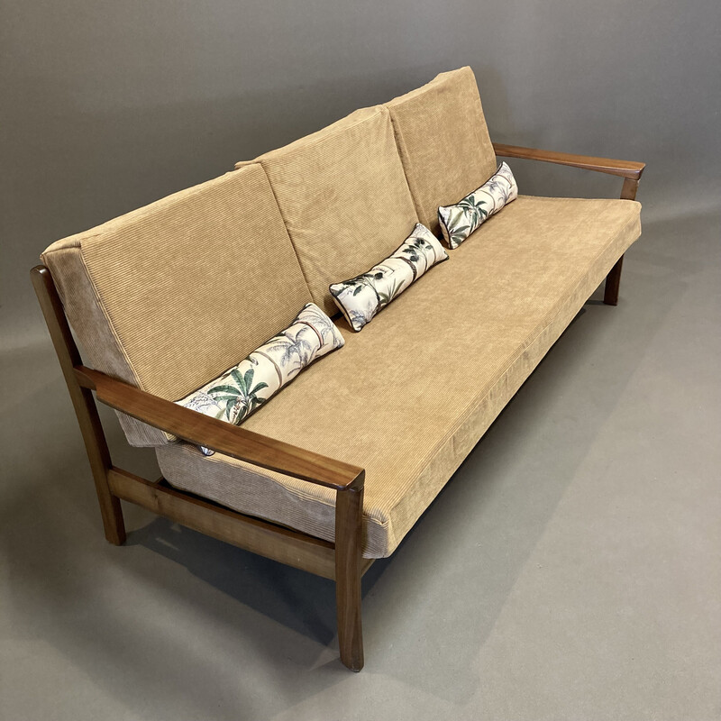 Scandinavian 3 seater teak and velvet sofa, 1950