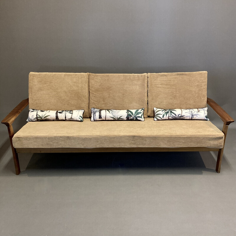 Scandinavian 3 seater teak and velvet sofa, 1950