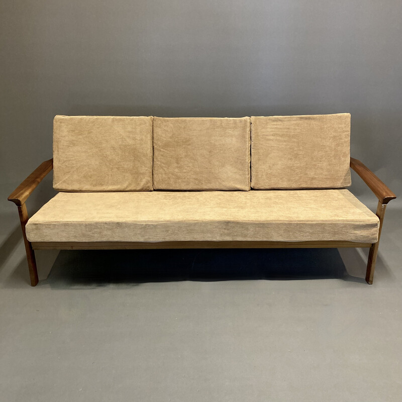 Scandinavian 3 seater teak and velvet sofa, 1950